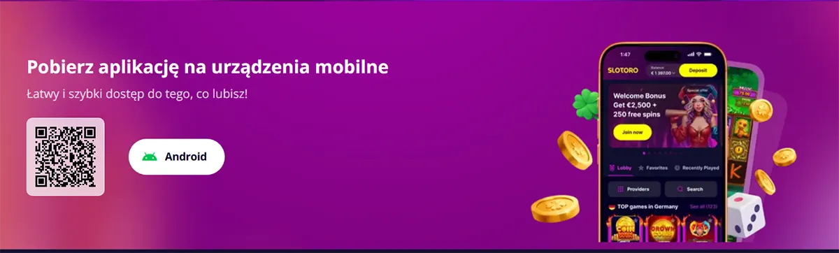 Polish mobile app download banner with a QR code, Android button, and smartphone mockup promoting easy mobile access on a pink-to-purple gradient background.