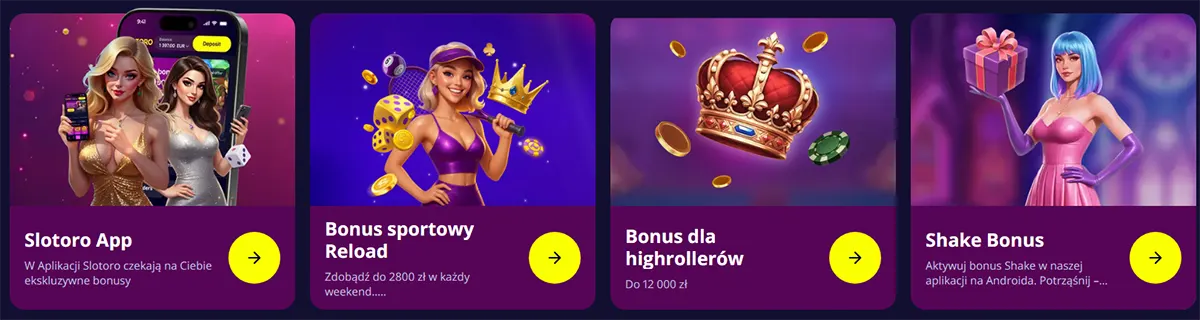 Polish casino promotions section featuring bonus cards for the Slotoro app, reload sports bonus, highroller bonus, and shake bonus with colorful character illustrations on a purple interface.