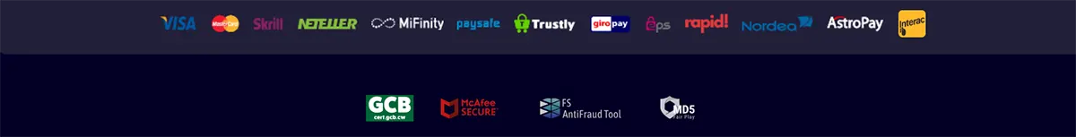 Footer banner showing payment method logos including Visa, Mastercard, Skrill, Neteller, MiFinity, paysafe, Trustly, giropay, eps, Rapid Transfer, Nordea, AstroPay, and Interac, plus security and certification badges below on a dark blue background.