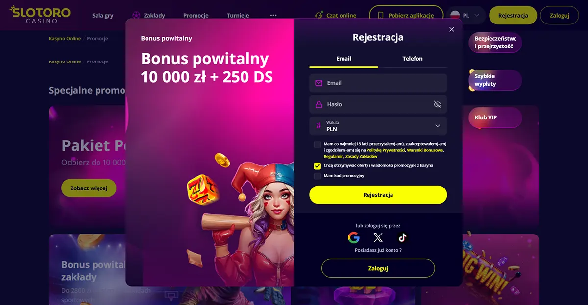Polish casino registration popup with a welcome bonus of 10,000 zł plus 250 free spins, featuring a jester-style character, email and password fields, currency selection, and a bright yellow registration button on a dark neon background.